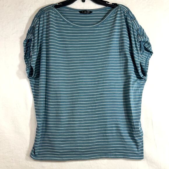 Lauren Ralph Lauren XL Top Blue Striped Lace Up Shoulder Cotton Crewneck Summer‎ - Picture 1 of 7